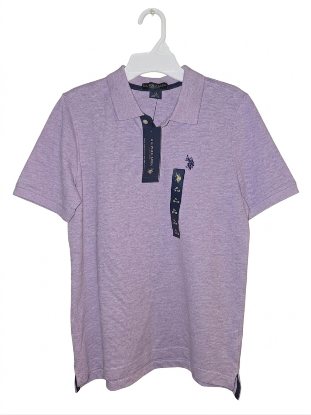 U.S. Polo Assn. Kids Boy Heather Lavender Polo Shirt with Navy Logo Sz 14/16